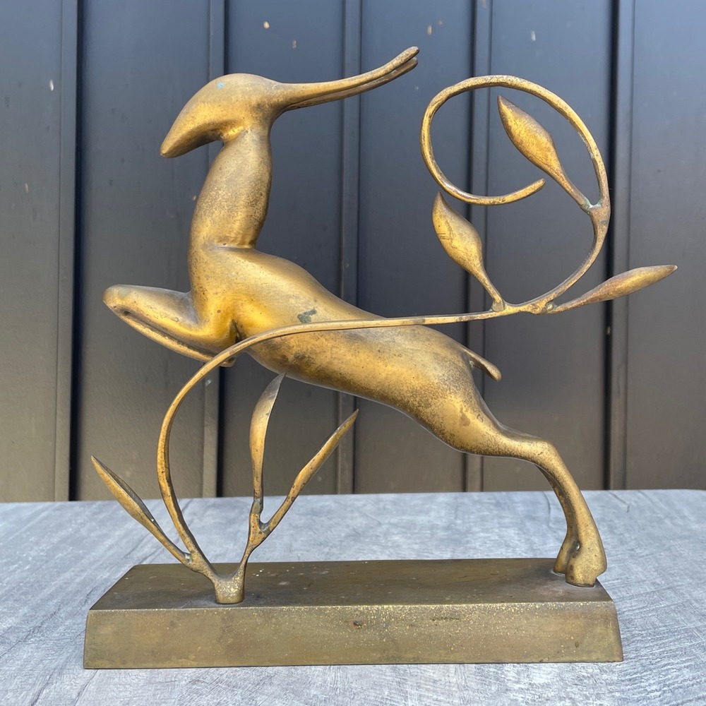 Vintage Brass Gazelle Sculpture Mid‎ Century Modern Leaping Deer Statue 8.5 Inch